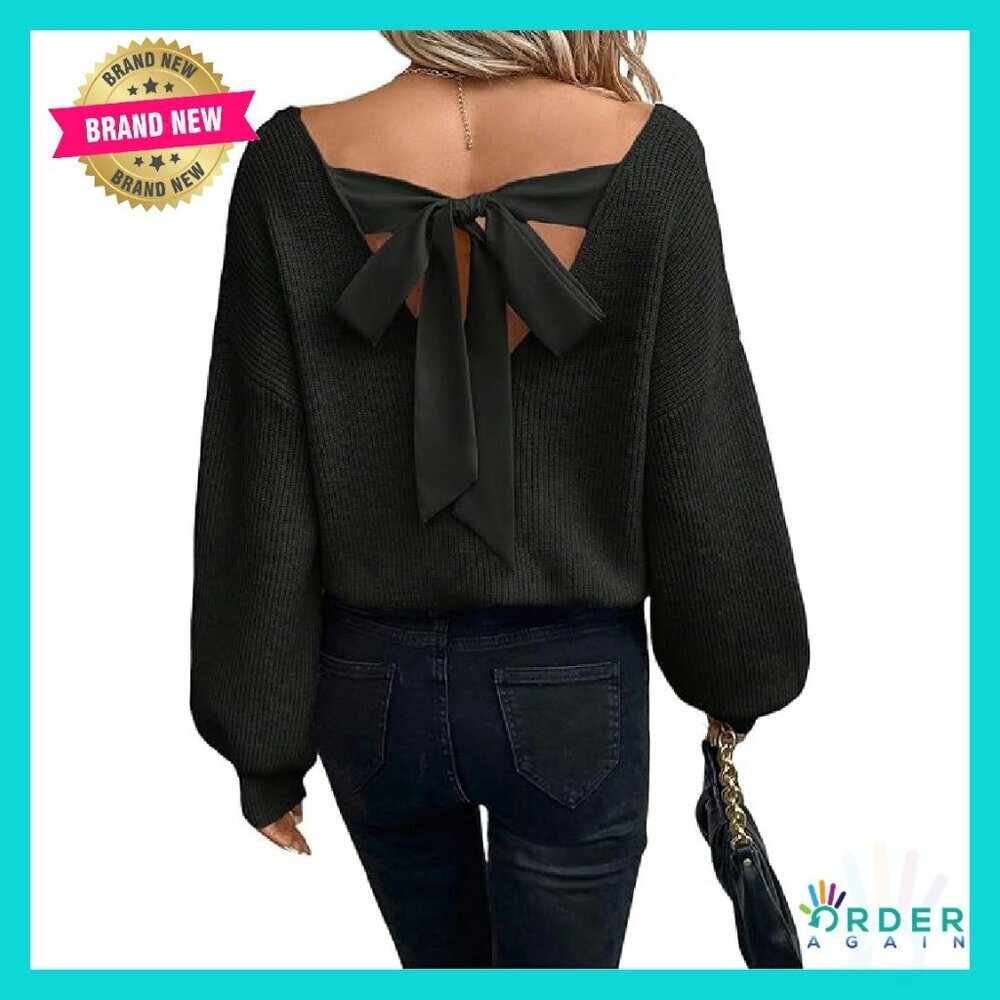 Backless Bow Tie Pullover Sweater Lantern Sleeve Elegant Chic Fall Winter